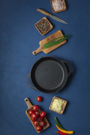Empty cast iron pan and ingredients