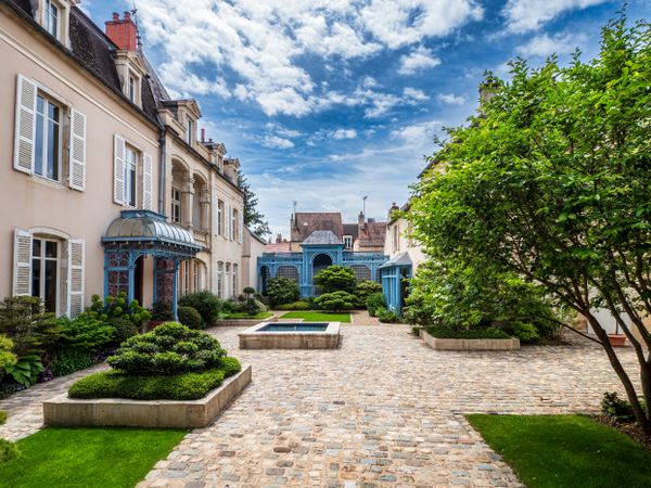 Empty streets of the medieval city of Beaune in Burgundy. The stormy sky
