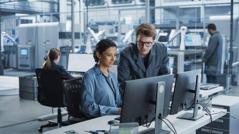 Portrait of Young Male Assembly Line Worker and Hispanic Female Engineer Collaborating on a Project, Using Computer and Talking in a Factory with Robotic Arms Producing Modern High Tech Devices.