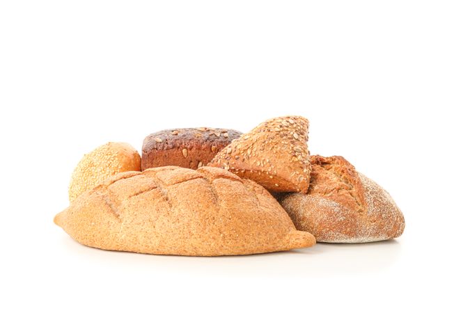 Bunch of bakery products isolated on blank background