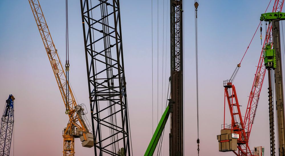 Cranes under sunset sky
