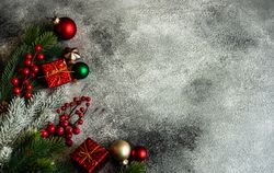 Christmas frame with branch and holly on stone background