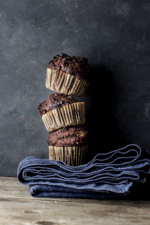 Chocolate banana muffin on towel
