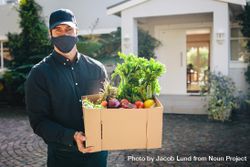 Male courier worker delivering groceries ordered online during pandemic 0KlQz5