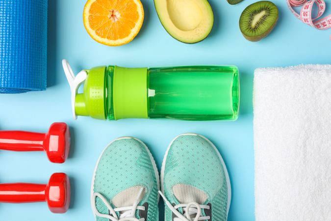 Flat lay composition with loss weigh accessories on color background