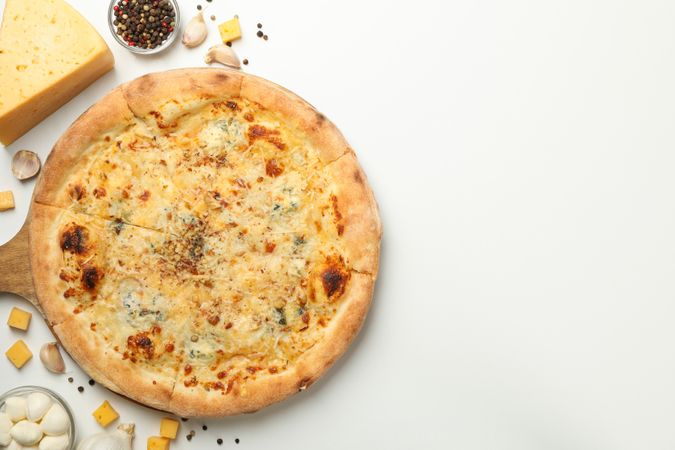 Cheese pizza and ingredients on plain background