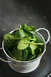 Fresh spinach on a rustic metal crockery bowl