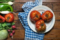 Plate with tomatoes on table with mixed fresh vegetables and cloth napkin