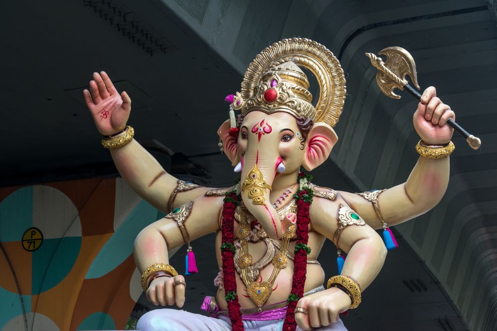 A beautiful idol of Lord Ganpati being displayed in a procession called Aagman Sohala in Mumbai, India for the festival of Ganesh Chaturthi