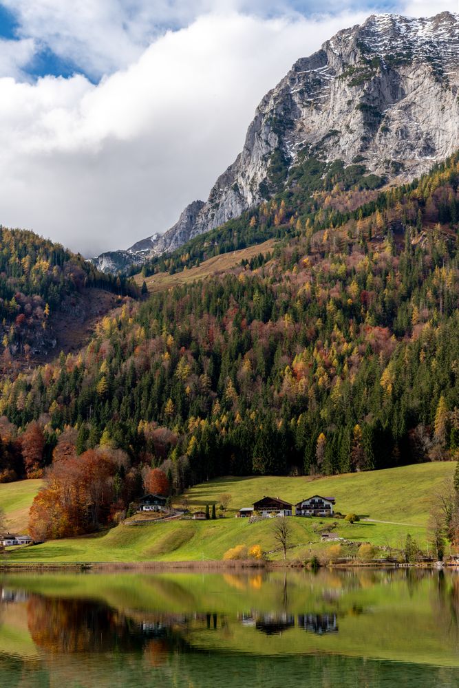 Autumn scenery at lake Hintersee in the Bavarian Alps, Germany