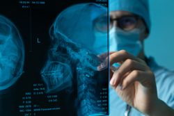Doctor analyzing skull X-ray with stylus