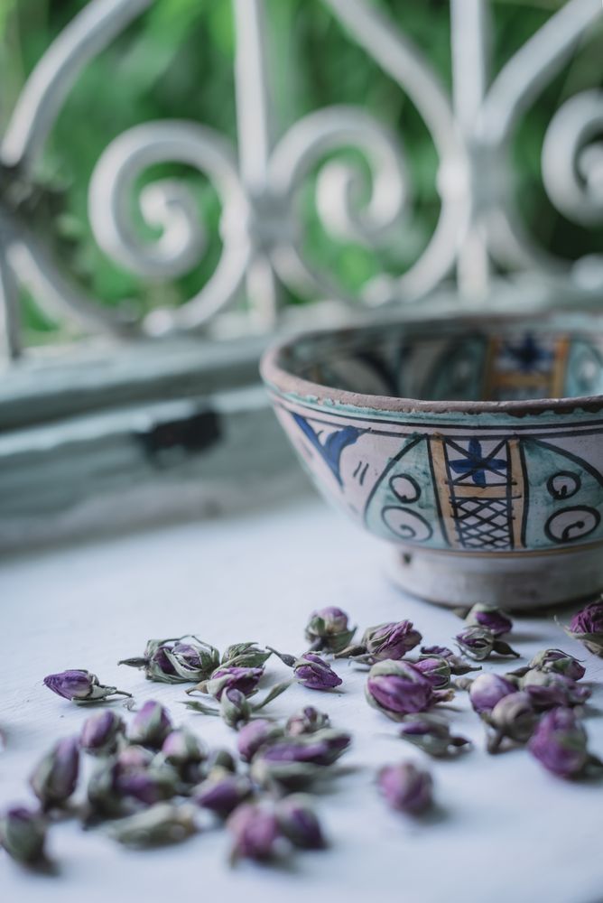 Dried flower buds and bowl near window