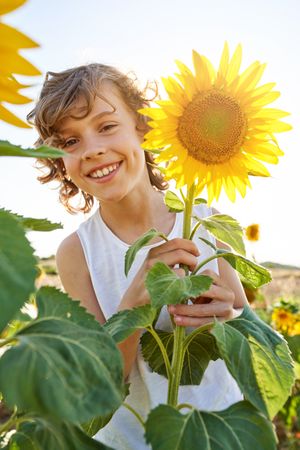 Happy child with blooming sunflower on meadow