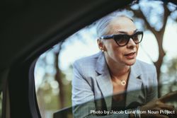 Businesswoman in sunglasses talking with cab driver 0Pzzl4