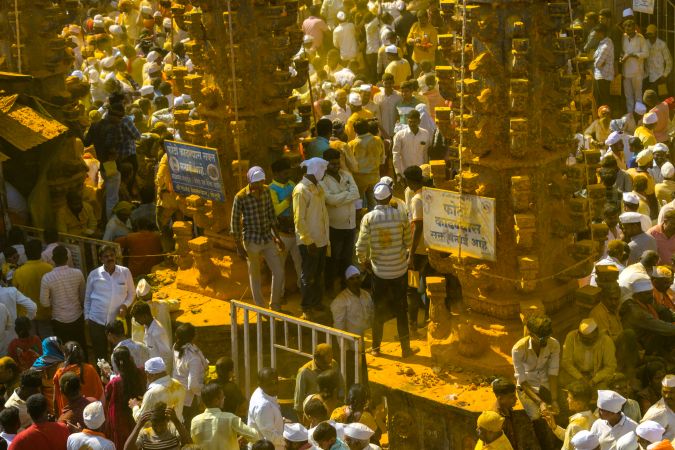 Jejuri, Maharashtra, India - Dec 30, 2024: Palkhi of Lord Khandoba at the famous and beautiful Khandoba temple at Jejuri during the festival of Somvati Amavasya