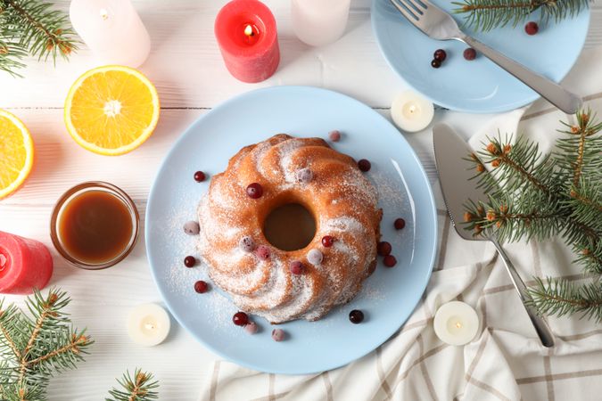 Cake with powder sugar and cranberry on table. Christmas concept