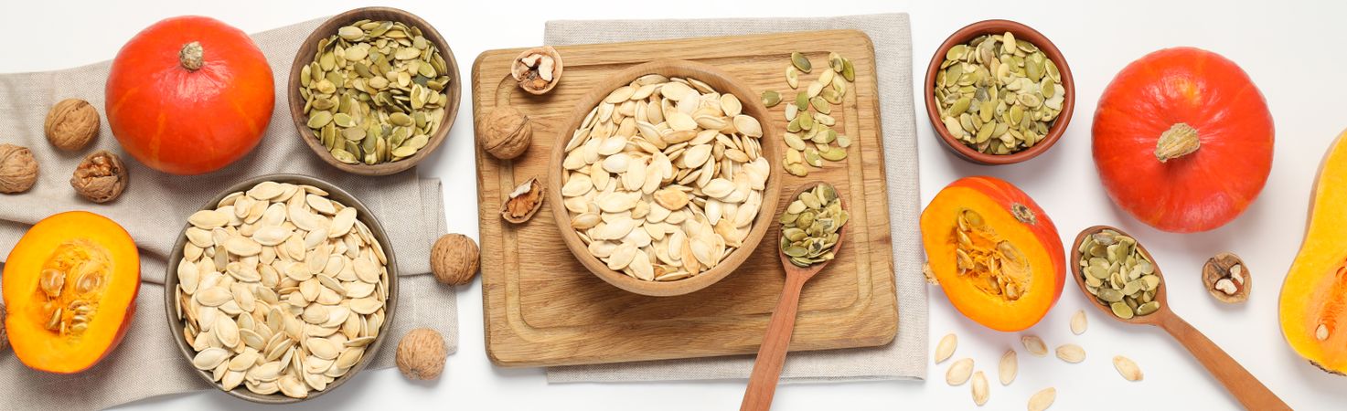 Concept of Autumn vibe food, Pumpkin, Pumpkin seeds
