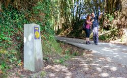 Signpost of Saint James way with pilgrims pointing