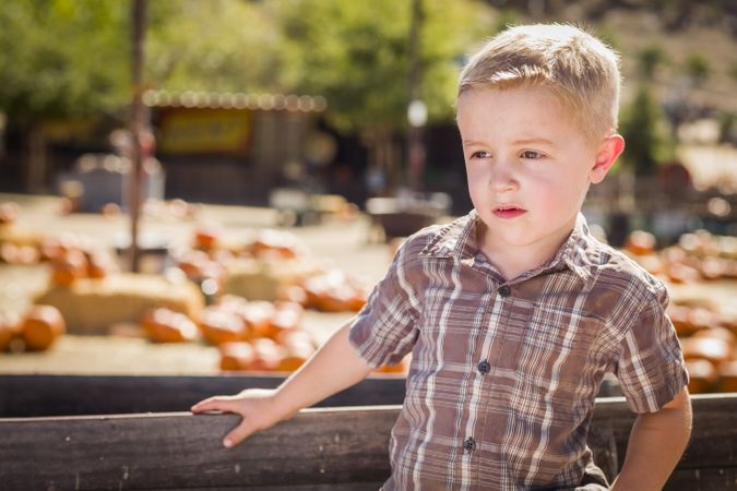Little Boy Standing Against Old Wood Wagon at Pumpkin Patch.
