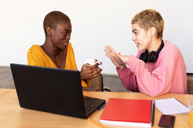 Lesbian couple talking over laptop on breakfast table