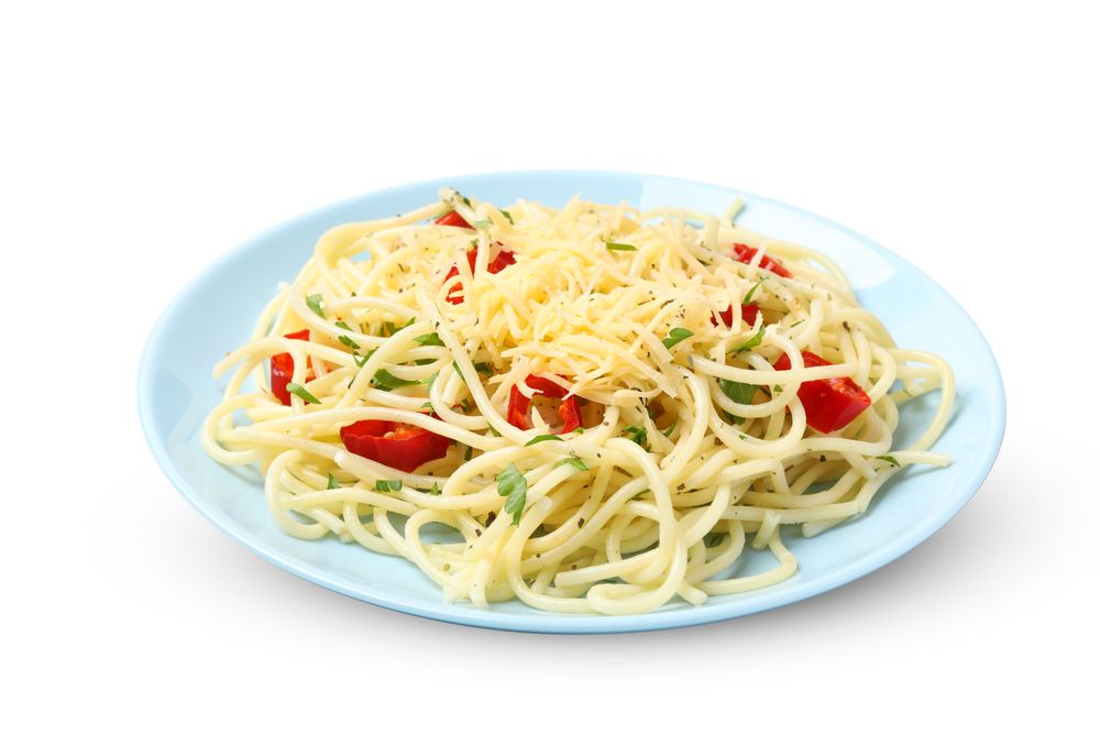Plate with tasty pasta isolated on plain background