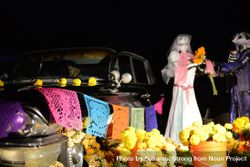 Altar at Day of the Dead event with paper picador and marigolds 4MWlE0