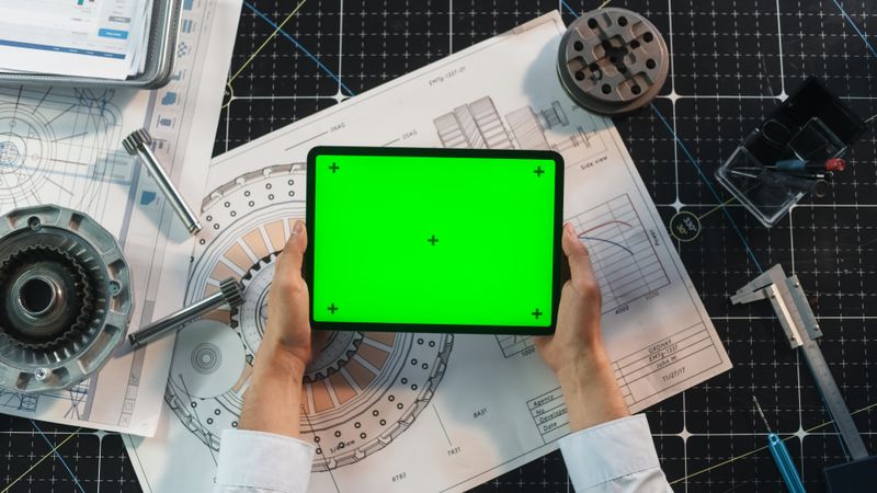 Anonymous Engineer Holding Tablet Computer Horizontally with Mock Up Green Screen Chromakey Display with Motion Tracker Placeholders. Specialist Analyzing Industrial Project Plans, Browsing Blueprints