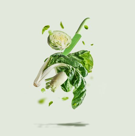 Flying green vegetables selection with knife at light background. Ingredients for healthy eating: lettuce, fennel, bok choy and edamame levitating in the air.  Front view.