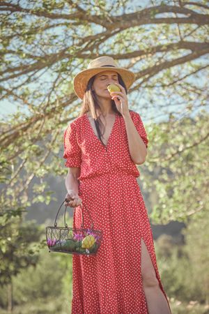 Woman with fruit basket of meadow