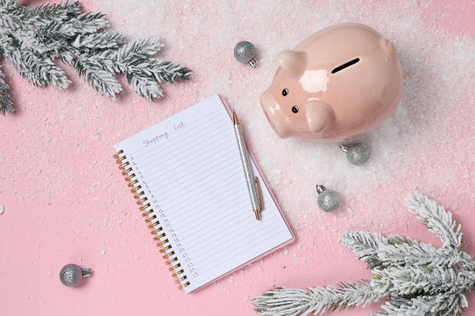 Concept of Christmas finance with piggy bank, space for text