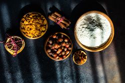 Top view of baking ingredients in bowls