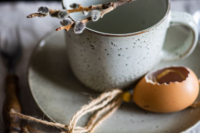Easter table setting with mug, pussy willow and decorative egg shell