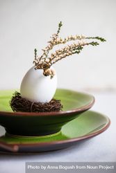 Side view of Easter table setting with decorative egg, with heather on green plate 5oDQ9Q