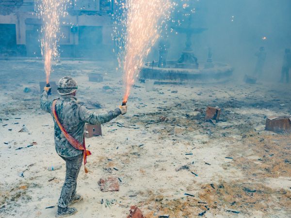 Ibi, Spain - December, 28 2018: People celebrating victory in flour and eggs battle