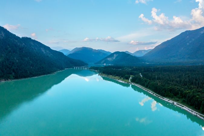 Drone shot with Lake Sylvenstein and mountains in Isar Valley, Bavaria, Germany