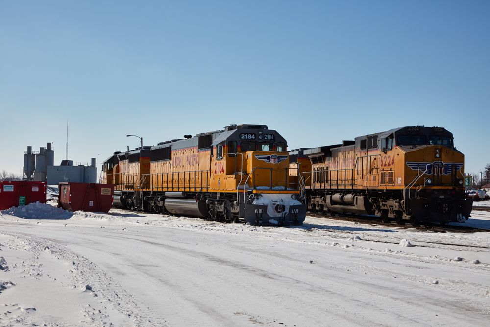 Freight engines at the depot in Worthington, Minnesota