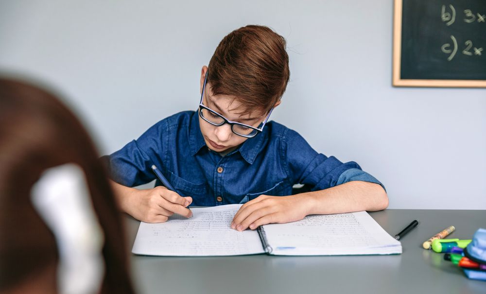 Teenager writing in notebook at school