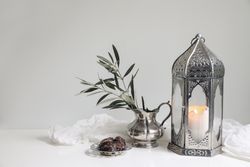 Glowing ornamental lantern with olive tree branch