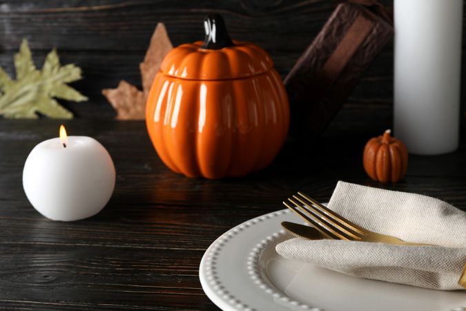 Concept of Thanksgiving day, Autumn table setting on wooden background