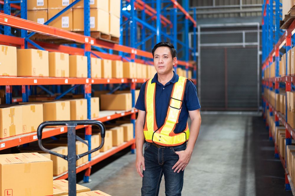 Man working for logistic business with big trolley for boxes