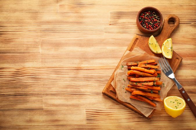 Concept of tasty food, fried sweet potato, space for text