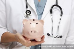 Doctor with Stethoscope Holding Piggy Bank Abstract 5r9xv1