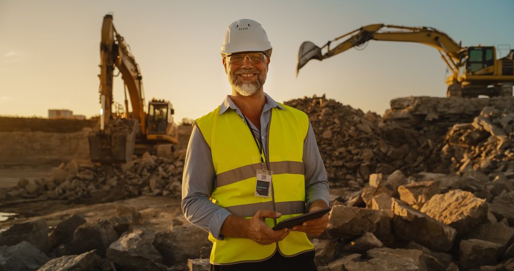 Successful Bearded Civil Engineer Wearing Protective Goggles And Smiling At Camera On Construction Site on a Sunny Day While Heavy Machinery Working. Man Holding Tablet, Wearing Hard Hat, Safety Vest.