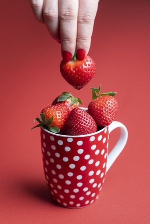 Taking a ripe strawberry from a mug full