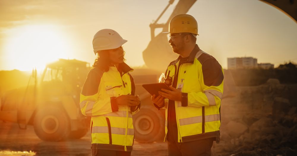 Cinematic Golden Hour Shot Of Construction Site: Male Civil Engineer And Hispanic Female Inspector Talking, Using a Tablet. Trucks, Excavators, Loaders Working On Land Development Project.