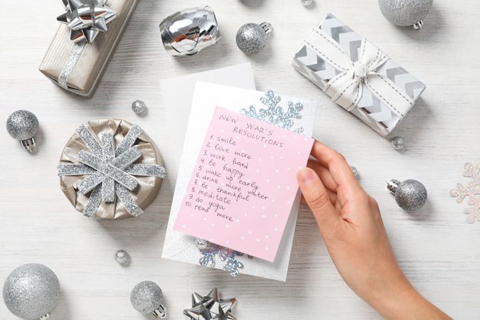 Concept of New Year Resolutions list, new year goals, top view