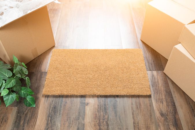 Blank Welcome Mat, Moving Boxes and Plant on Hard Wood Floors