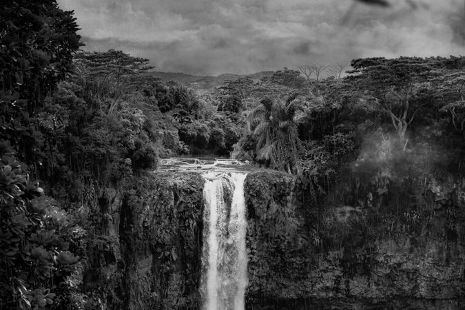 Waterfall surrounded rocks and vegetation in b&w