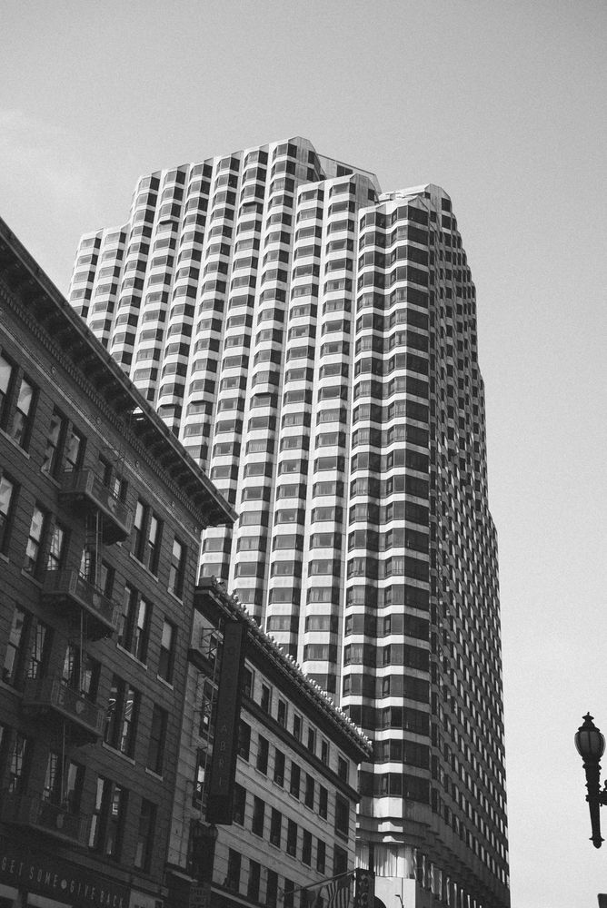 B&W shot of uniform office building