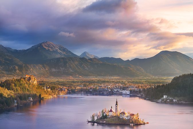 Lake Bled and its island at sunrise